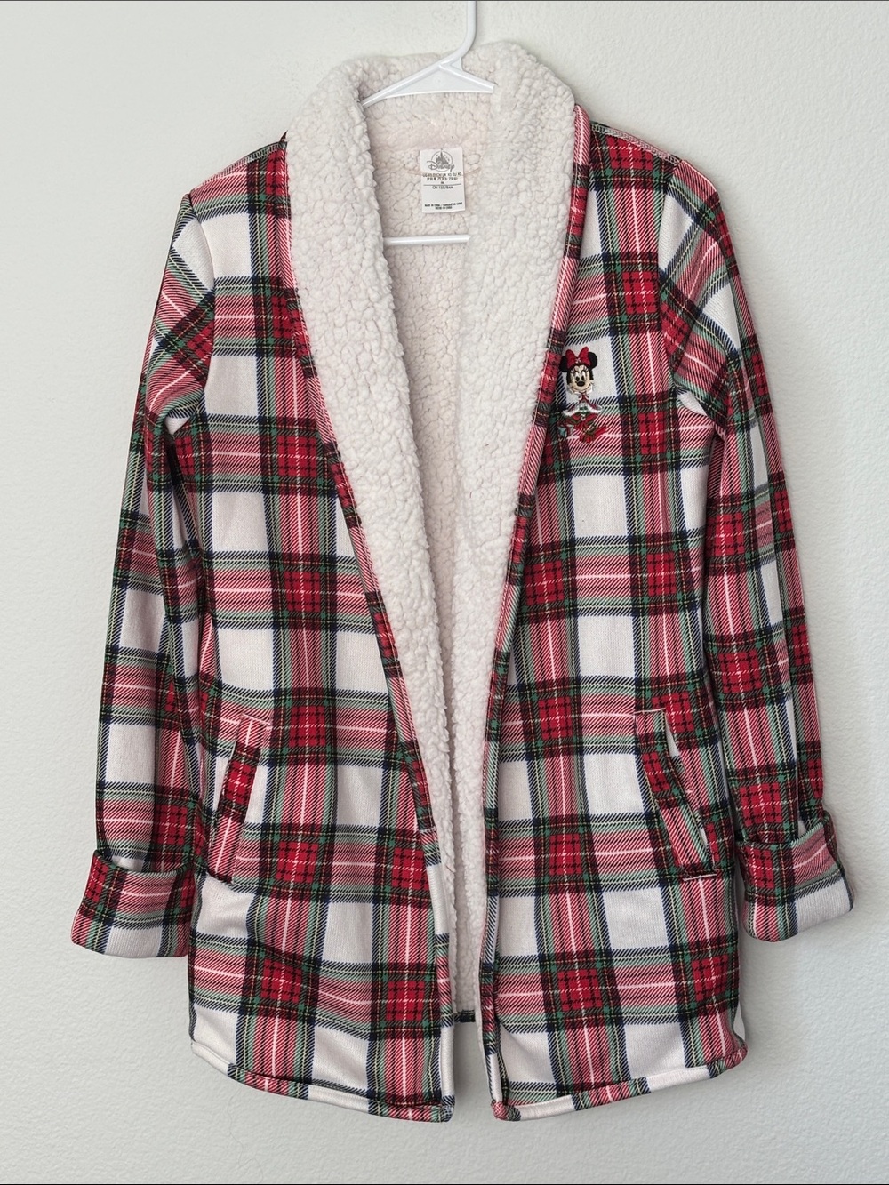 Disney Holiday Embroidered Minnie Plaid Sherpa Open Cardigan Red White Green